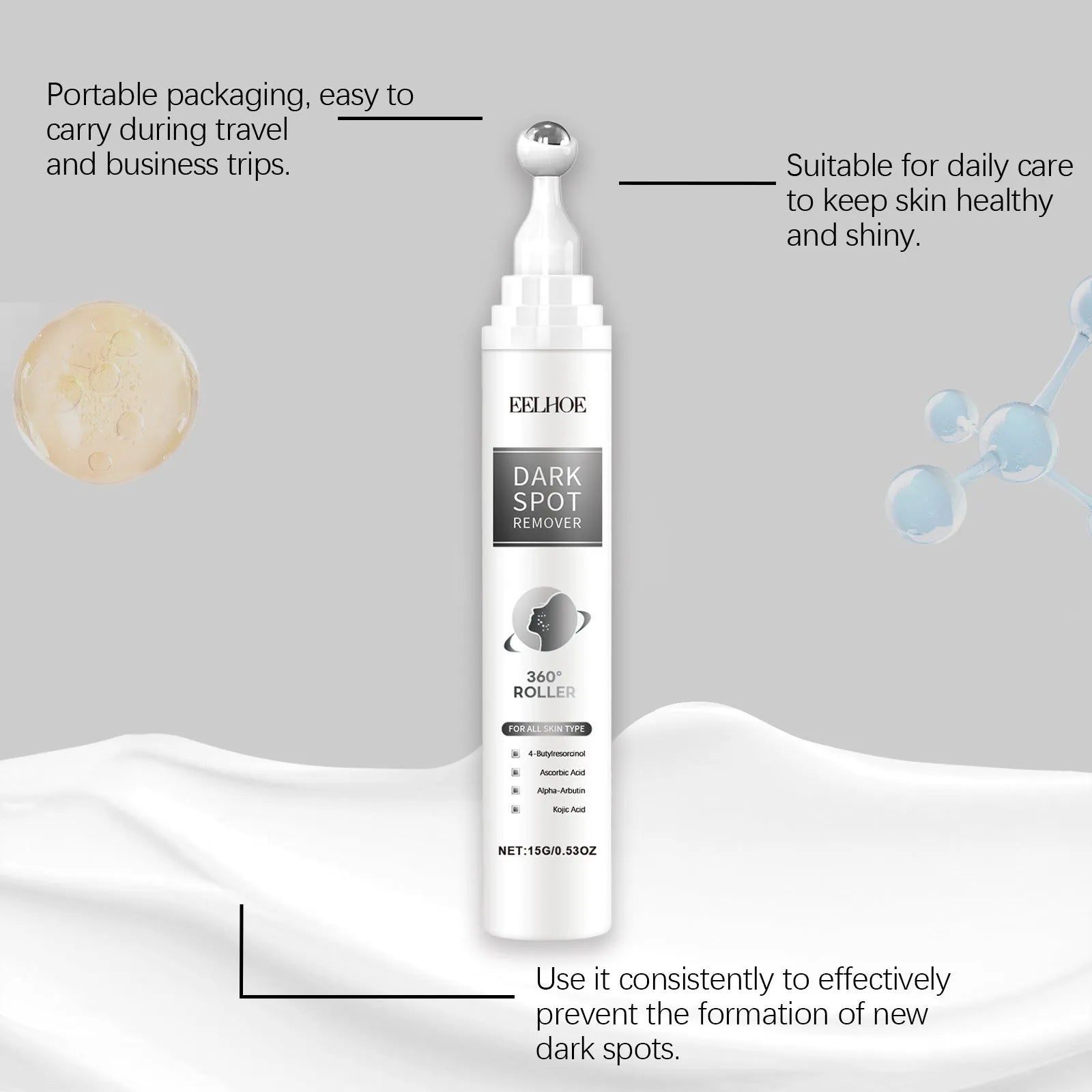 15g Facial Essence Cream container with brightening and hydrating formula containing vitamin C and jojoba oil