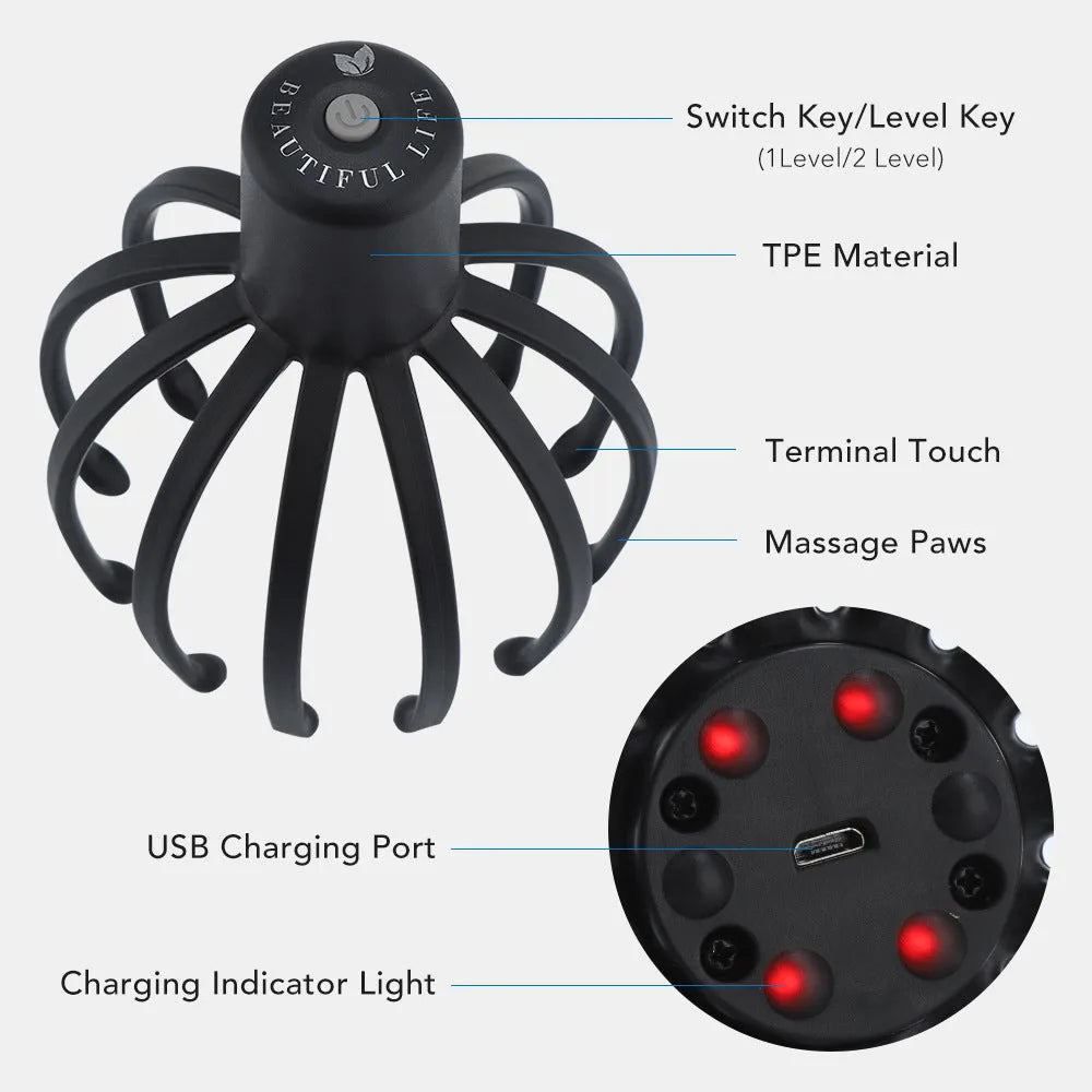 Multi-claw electric head massage tingler with TPE material in black rechargeable option showing compact design