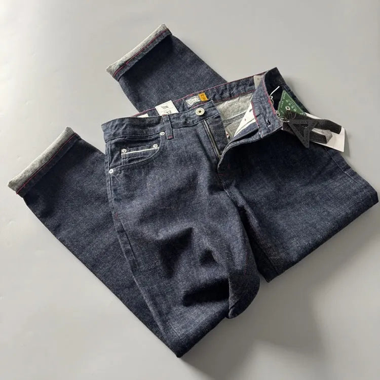 Men's straight-leg denim jeans in primary colour with mid waist and classic American retro style.