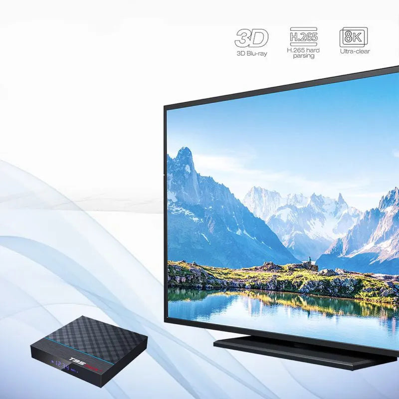 Black T95 Max Plus Android TV Box with remote control, showing ports for HDMI and power.