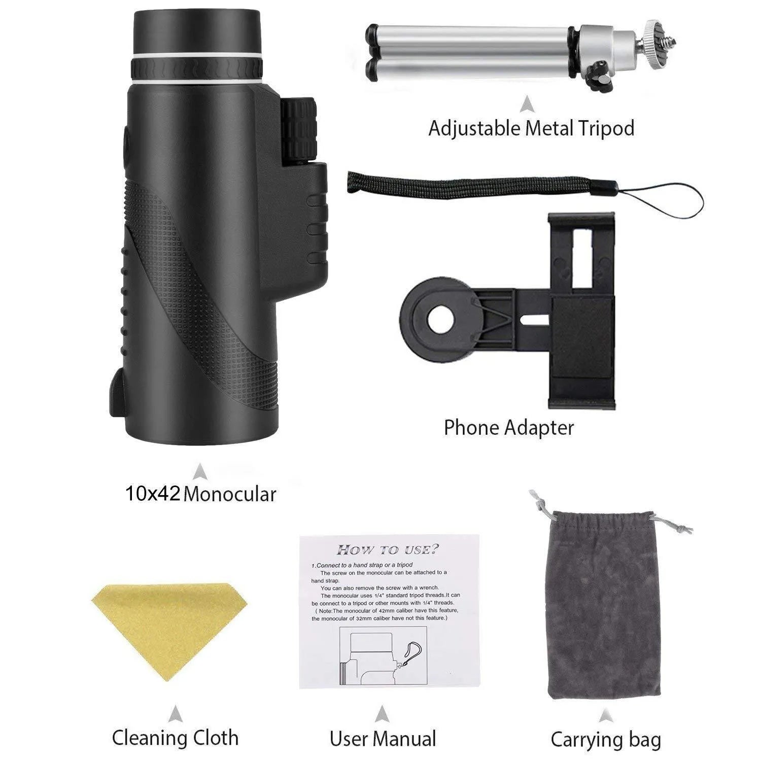 Black 40x60 monocular telescope with 144mm length, shown for birdwatching and outdoor use.