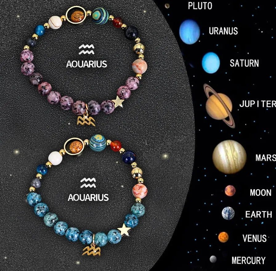 Two beaded elastic bracelets with natural stone zodiac beads on a wrist.