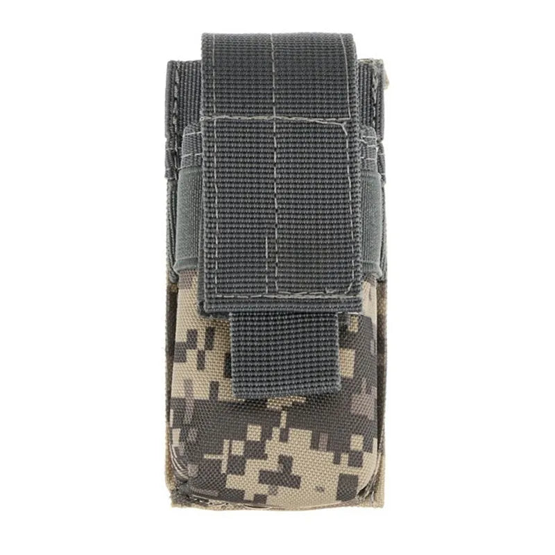 Black Molle tactical waist bag with elastic cord buckle, shown with dimensions 14cm x 5.5cm x 4cm.