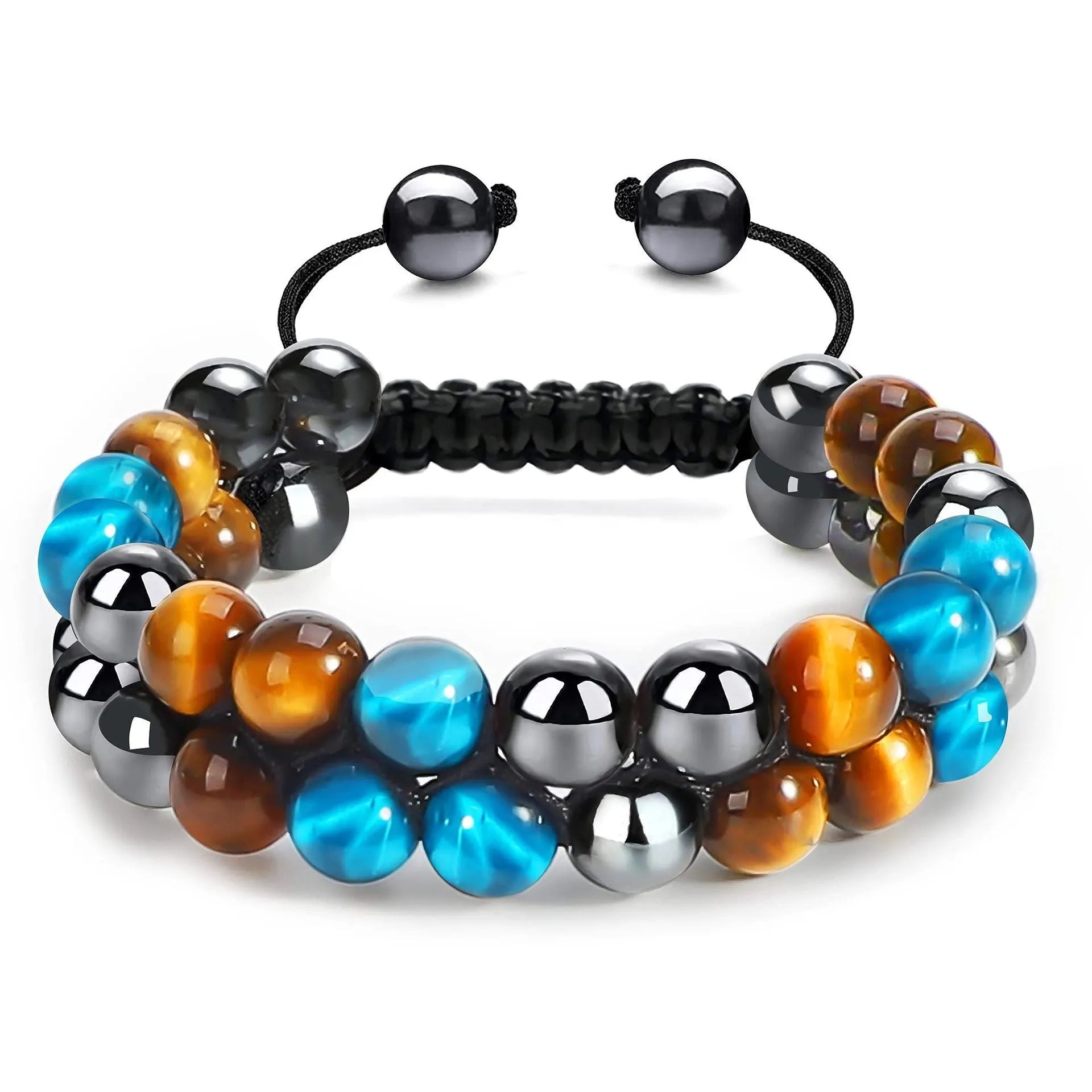 Handmade Tiger's Eye and alloy bracelet with auspicious elephant charms on wrist.