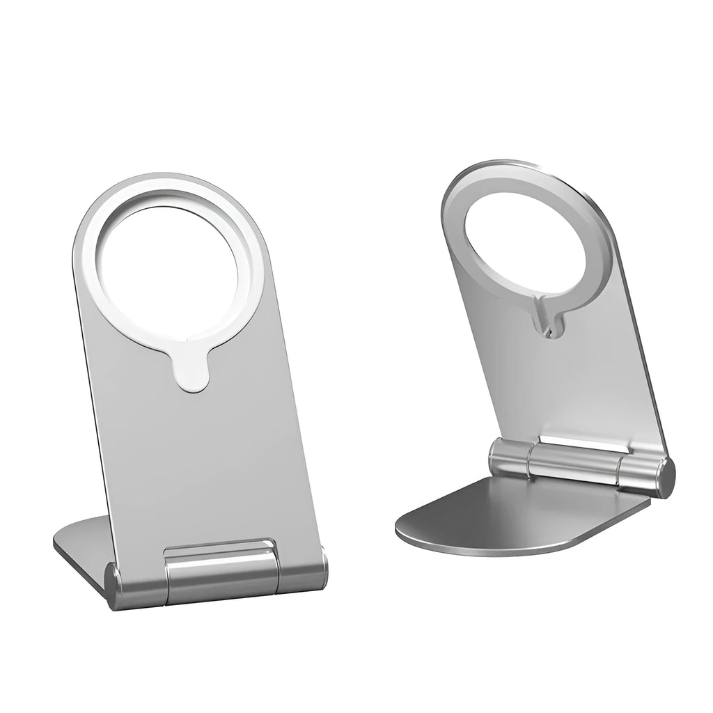 Silver vertical adjustable magnetic phone bracket for iPhone 12 on a car dashboard.