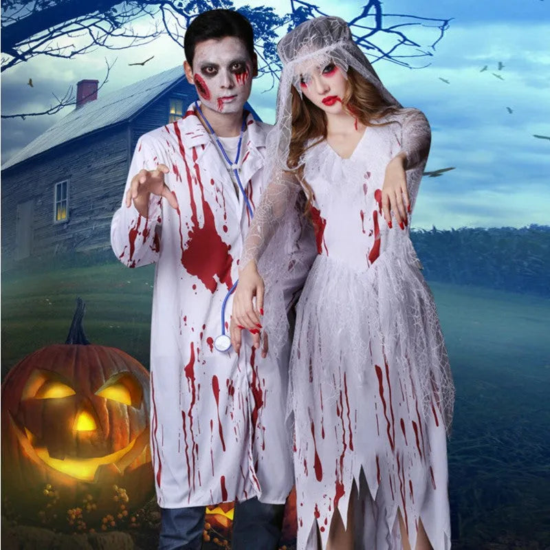 White full-length polyester adult masquerade costume for Halloween parties