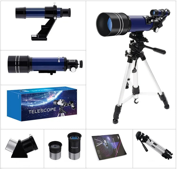 Dark blue 70mm refractor telescope on a table with finder scope and two eyepieces for moon watching