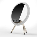 Multi-function LED mirror alarm clock with wireless charger and Bluetooth speaker in white and blue