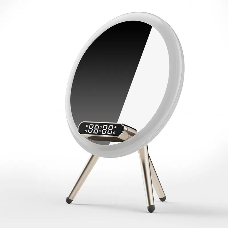 Multi-function LED mirror alarm clock with wireless charger and Bluetooth speaker in white and blue