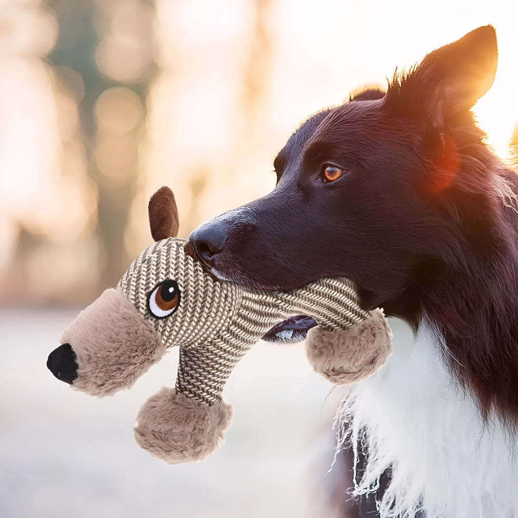 Soft plush dog squeaky toy in monkey and puppy designs for medium and large breed dogs.