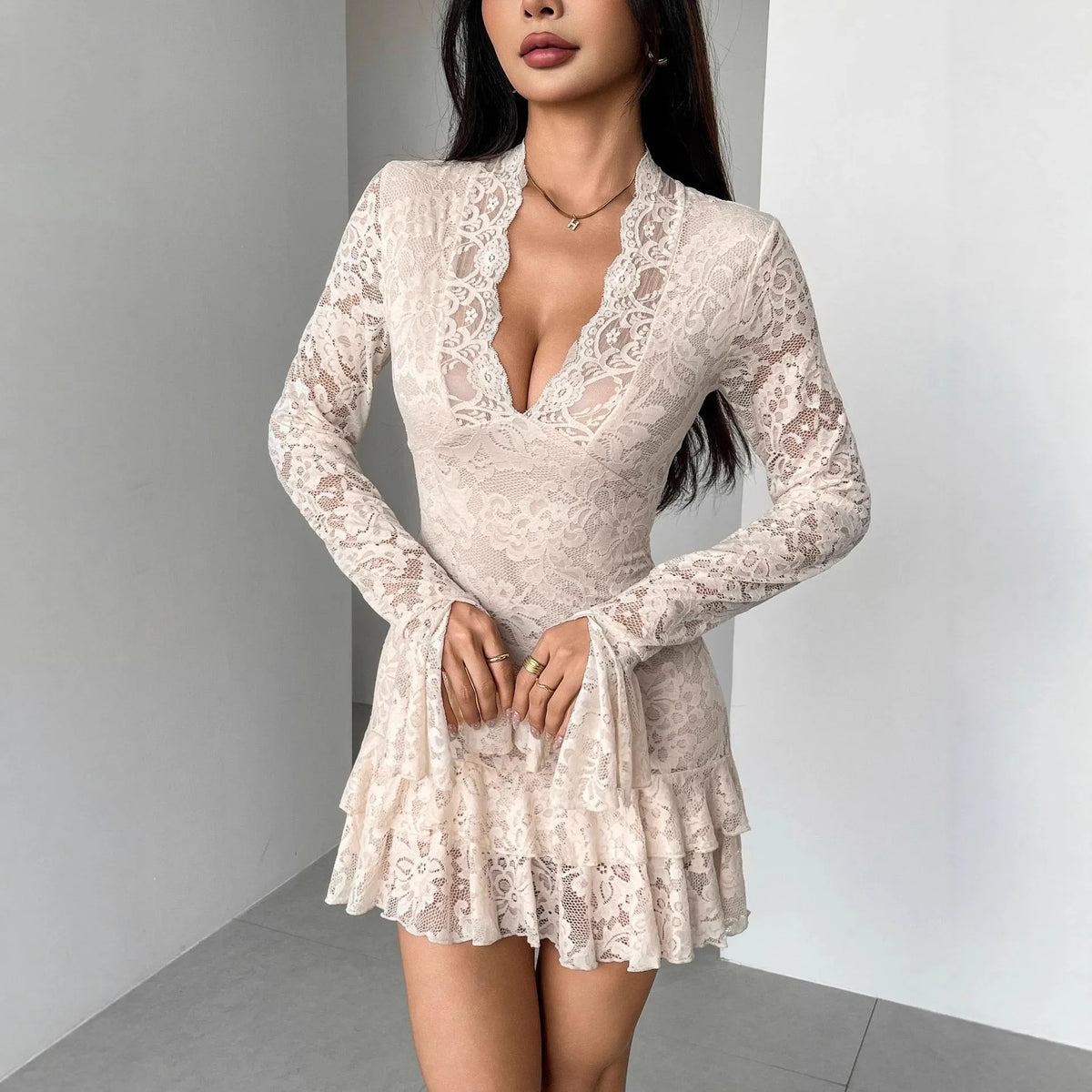 Lace V-neck double-layer ruffled slim-fit mermaid dress in apricot with floral pattern