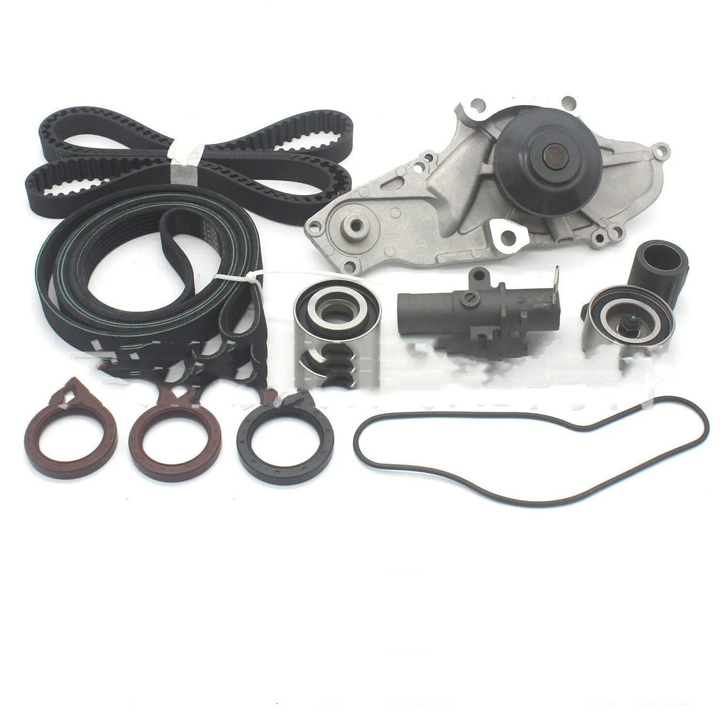 Metal belt and water pump assembly component kit measuring 28 by 18 by 16 centimetres.