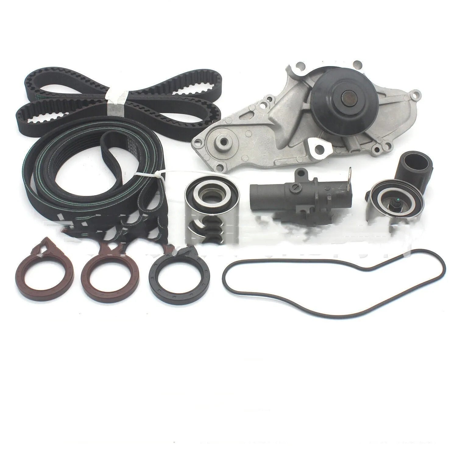 Metal belt and water pump assembly component kit measuring 28 by 18 by 16 centimetres.
