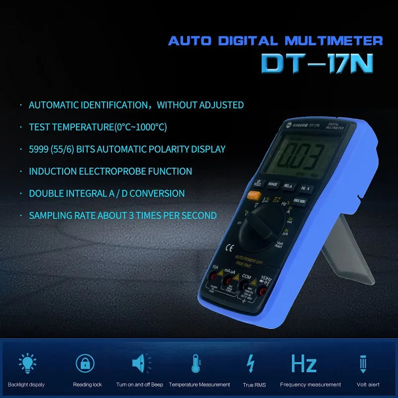 DT 17N auto ranging digital multimeter handheld professional use with test leads, test pen and 9 volt battery