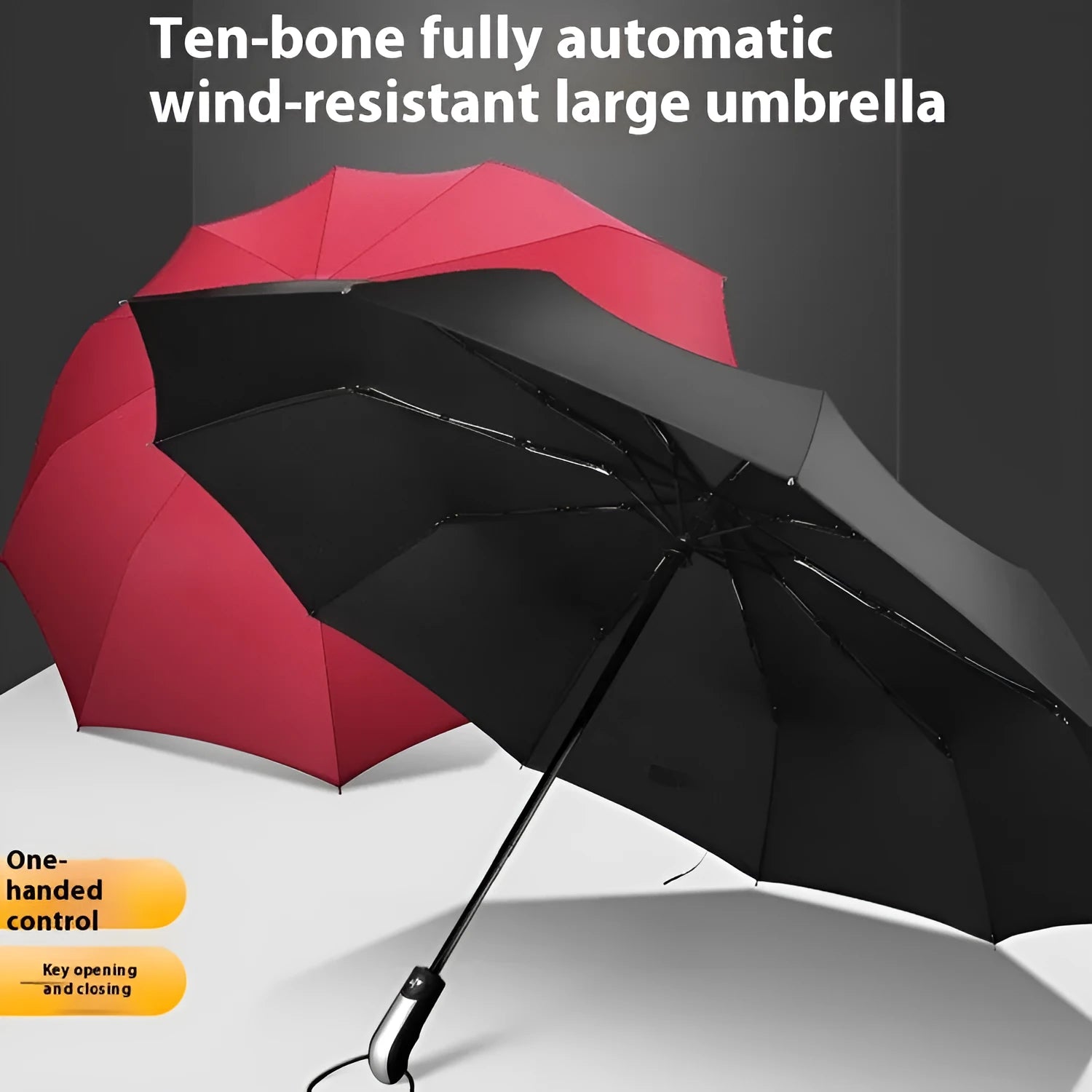 Automatic triple folding business umbrella in black, showing steel ribs and rubber handle.