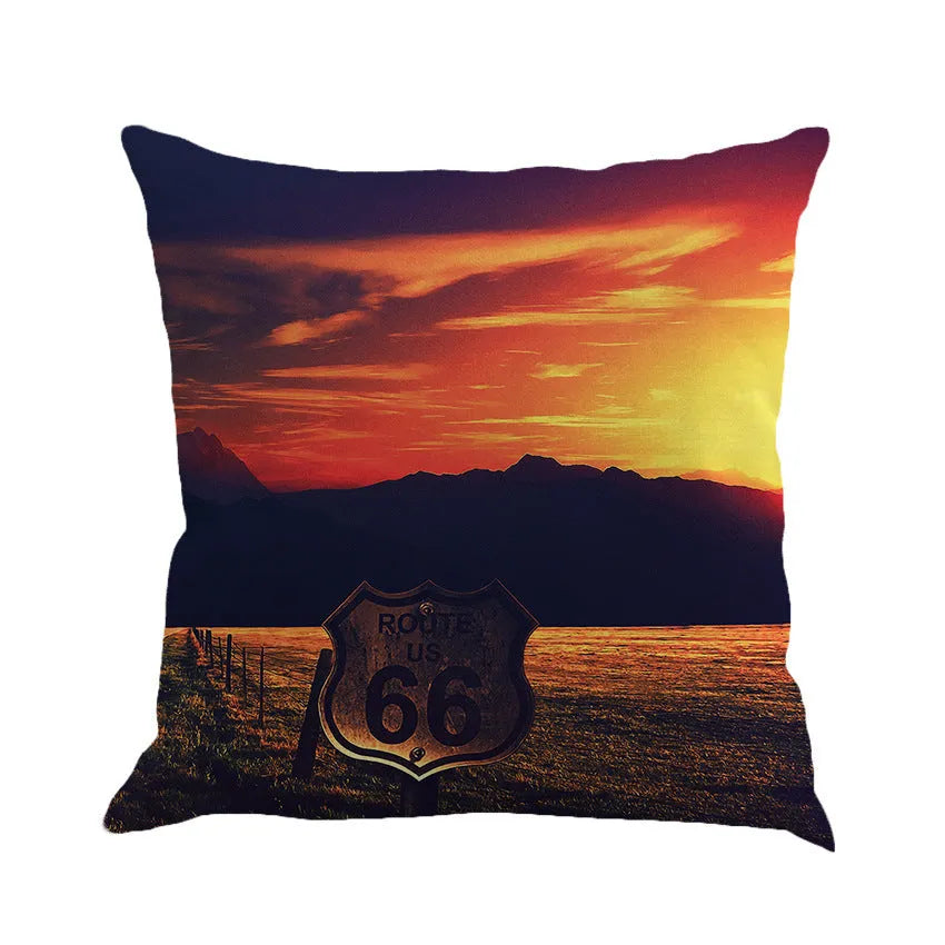 Route 66 scenic landscape printed on a 45x45 cm square linen blend cushion cover.