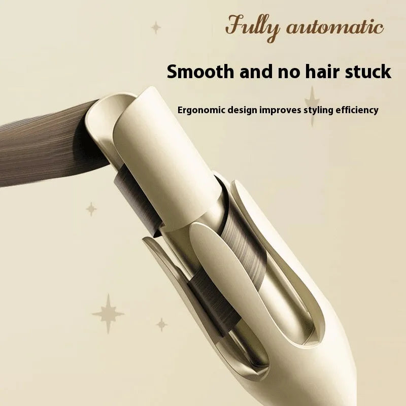 White and pink automatic hair curler with 32mm rotating barrel on a table