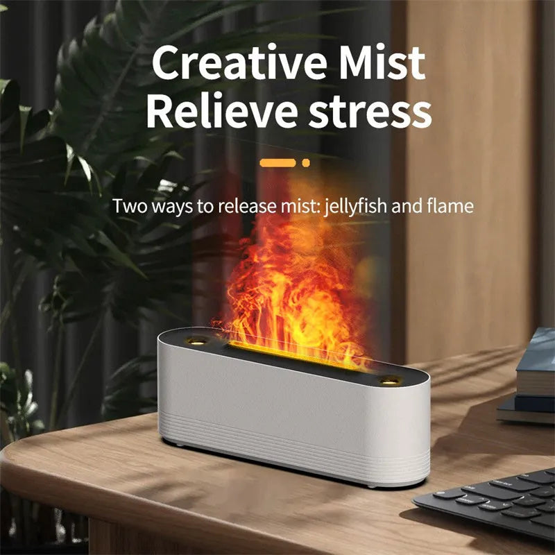 Black or white ultrasonic humidifier and aroma diffuser with LED lights creating flame mist effect.