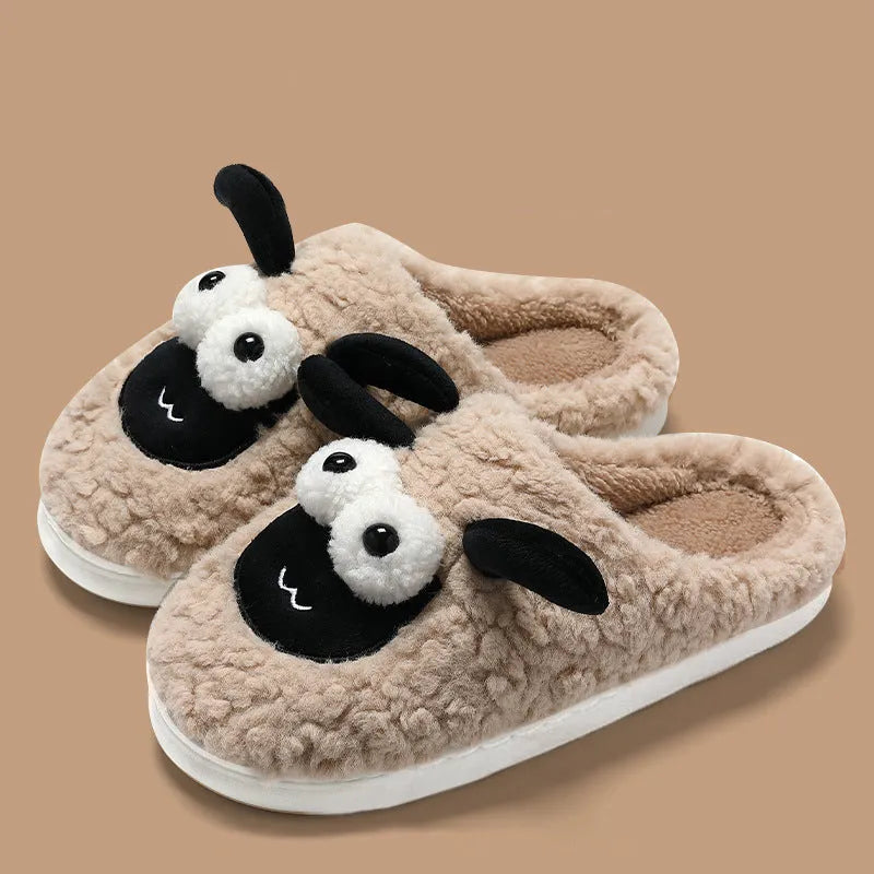 Simple lamb thermal cotton slip-on slippers in suede, shown in brown colour with sewn PVC sole.