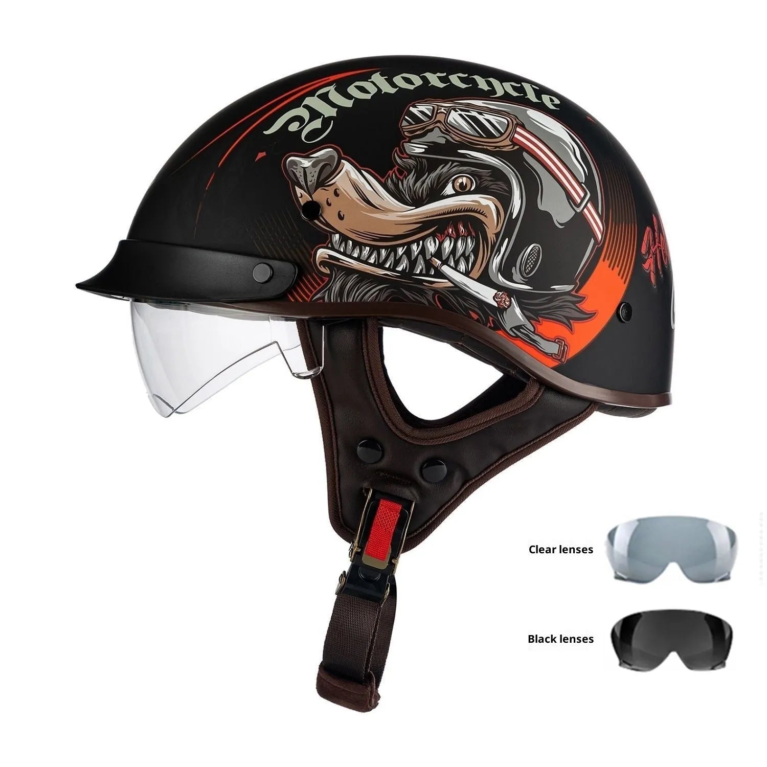 Retro full-face electric motorcycle helmet in black flywheel colour, side view