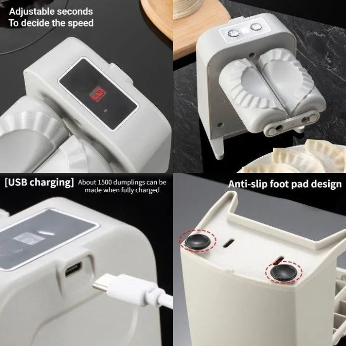 White automatic electric dumpling maker machine with USB charging cable, brush, and spoon on a kitchen counter.