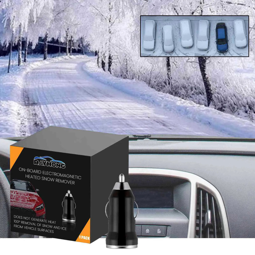 Compact black car snow melting tool measuring 5.5cm with dual deicer and charger functions