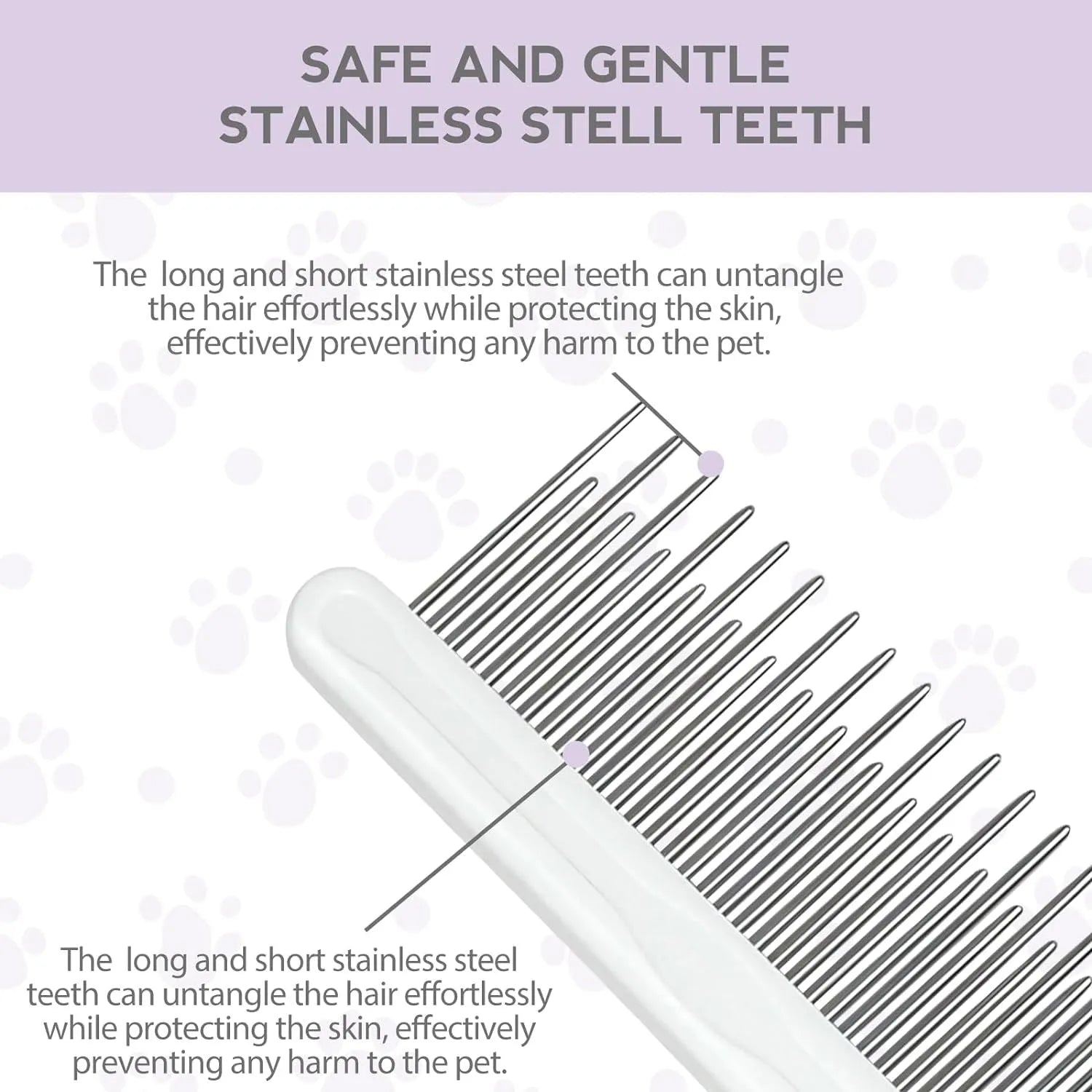 Purple pet detangling comb with stainless steel long and short teeth on an ergonomic handle.