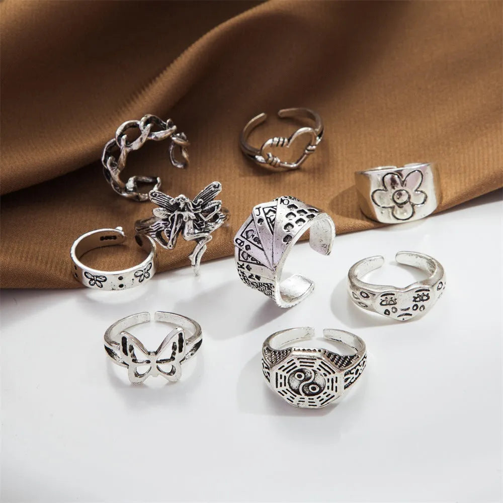 Retro alloy ring set for women with butterfly and snake geometric designs, opening rings pack
