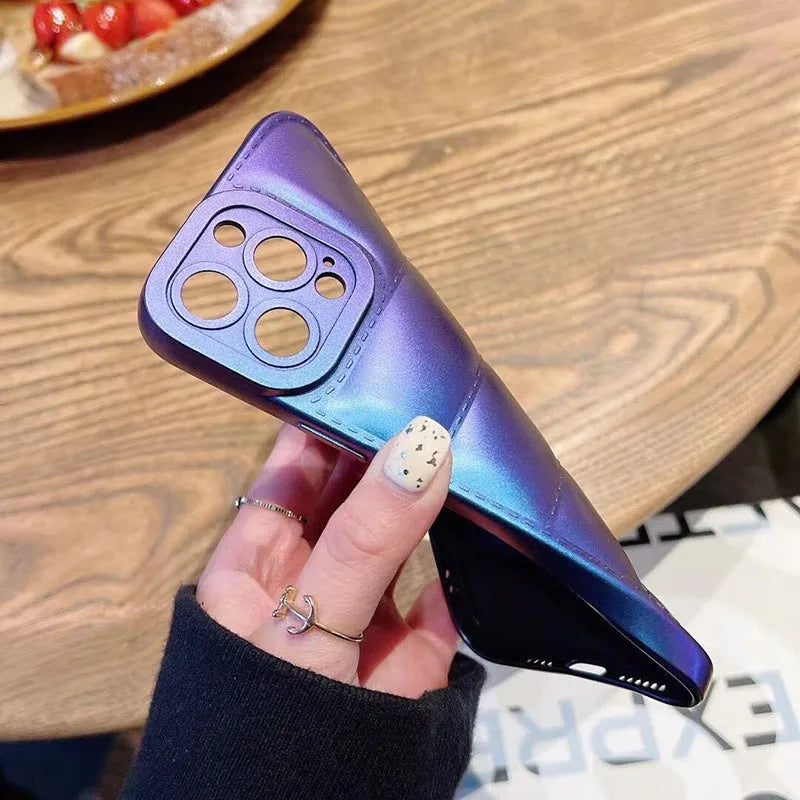 Silicone down jacket phone case for iPhone in laser green, blue, or purple with frosted finish