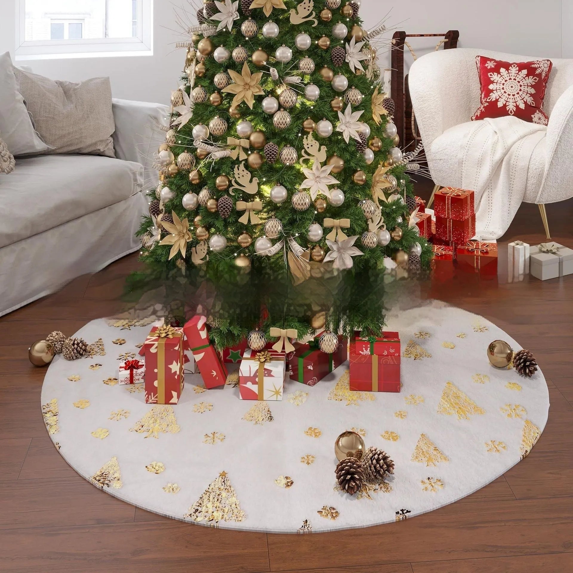 Plush festive mat with Christmas tree design under a decorated tree