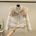 Women's short cotton-padded jacket in loose style with stand-up collar in claret colour