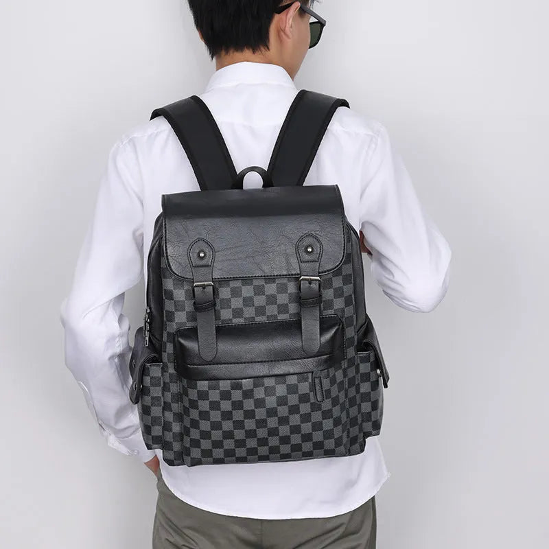Large capacity black plaid backpack with PU shell, curved shoulder straps, and 35x18x40cm dimensions