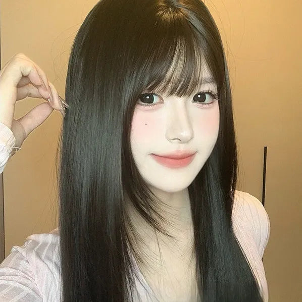 Dark brown full-head synthetic wig with long straight hair and bangs for round face shapes
