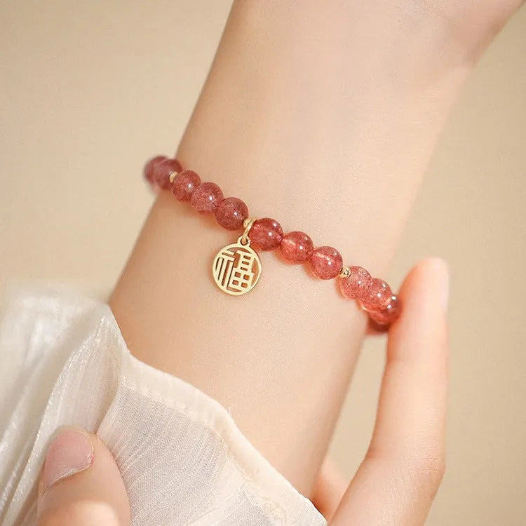 Strawberry quartz blessing card bracelet made from glass with manual processing