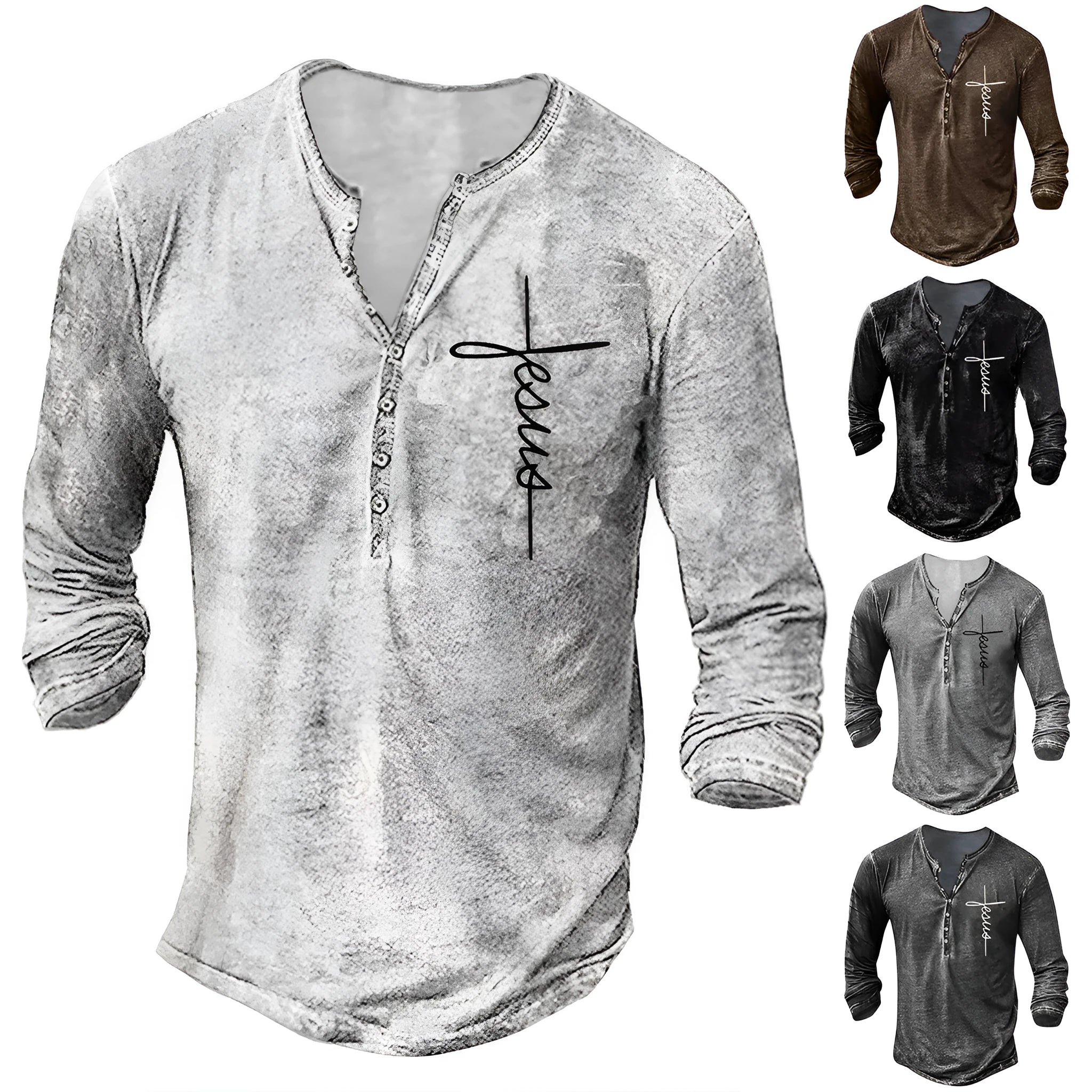 Men's retro button V-neck long sleeve t-shirt in black cotton blend loose fit