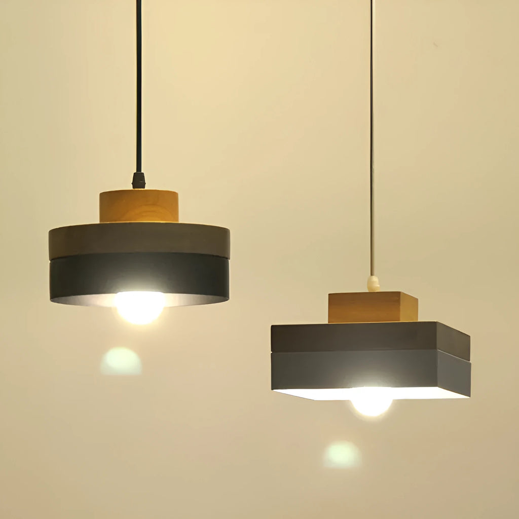 Japanese style solid wood chandelier with zinc alloy fittings, shown in round and square matte black and white finishes.