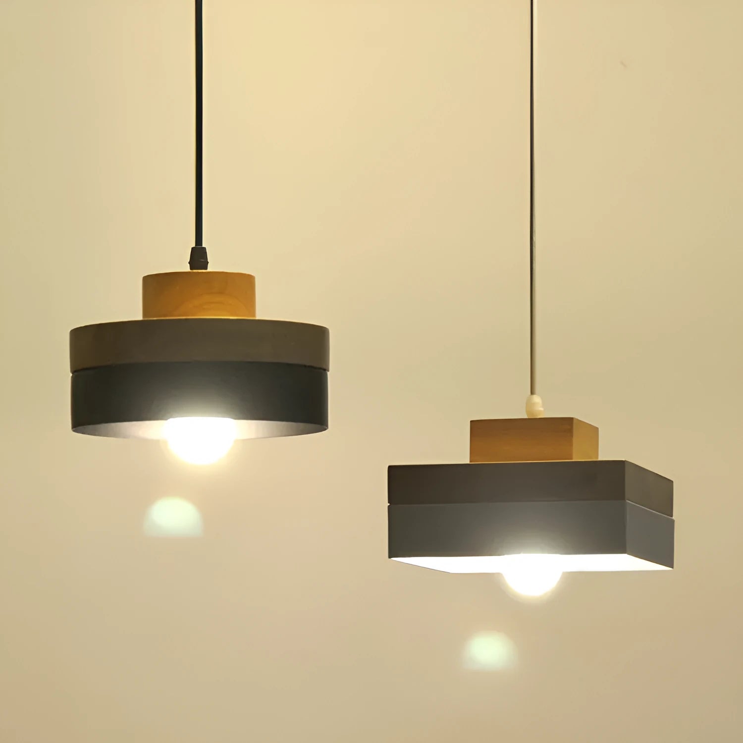 Japanese style solid wood chandelier with zinc alloy fittings, shown in round and square matte black and white finishes.