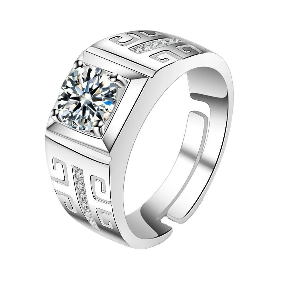 Men's large square diamond ring in copper with an adjustable band on a hand.