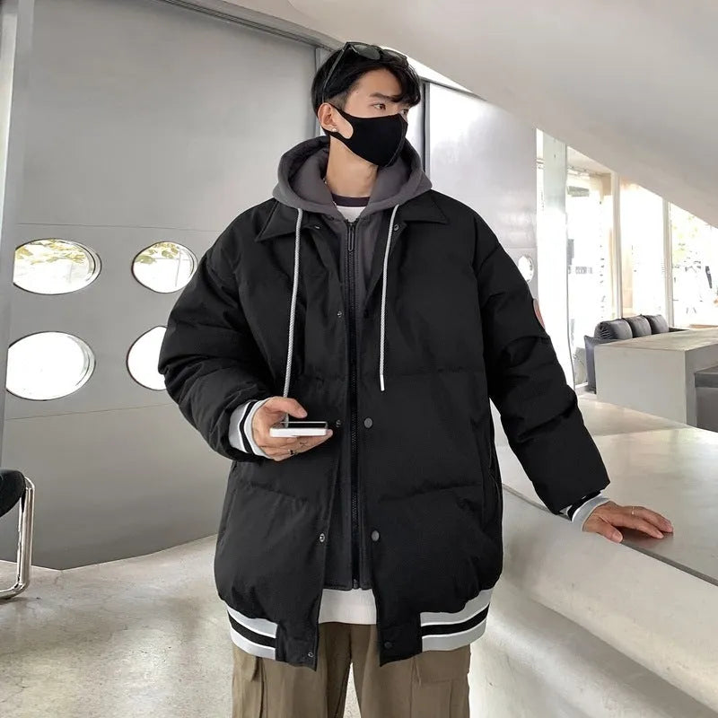 White duck down thickened warm couple coat in black, blue, and white, polyester main fabric, sizes M to 3XL