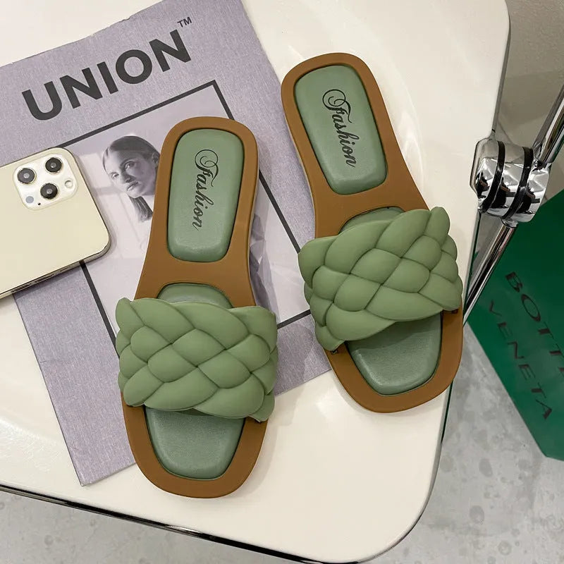Women's plaid pattern beach sandals with thick anti-skid PVC sole in white, shown from the side.
