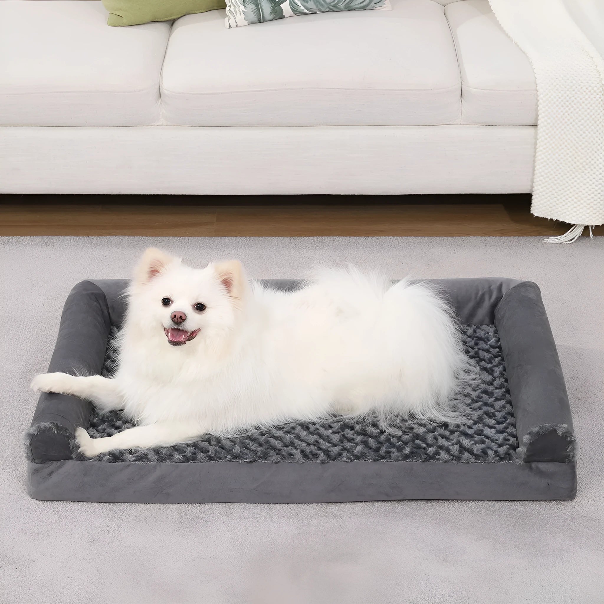 Grey U-shaped dog sofa bed with embossed velvet removable cover and sponge cushion