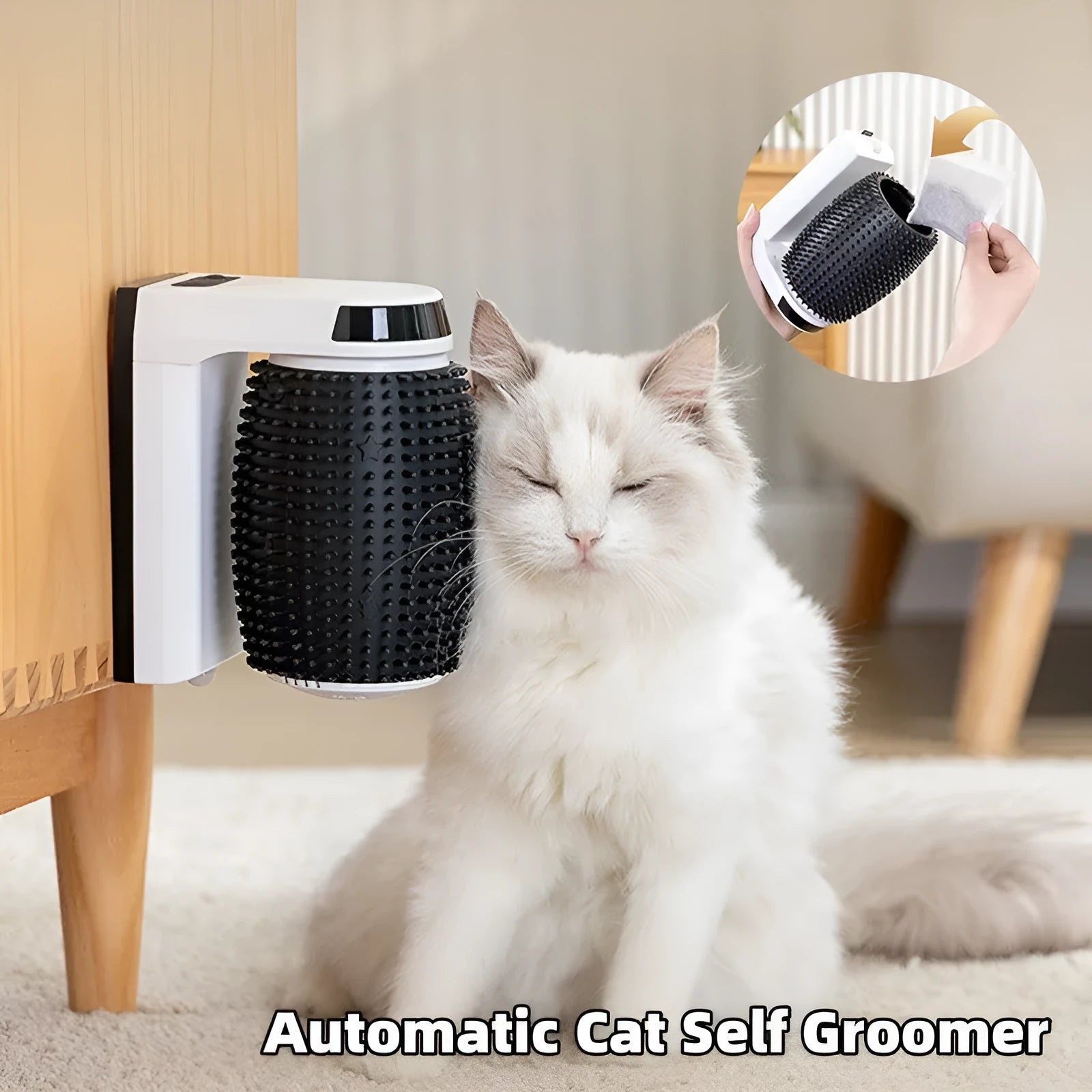 White automatic cat self groomer brush mounted in corner with soft silicone bristles