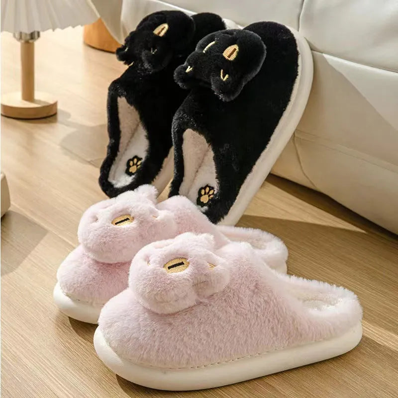 Cotton cat slippers with plush cat face design, memory foam insole, suede upper, available in multiple colours.