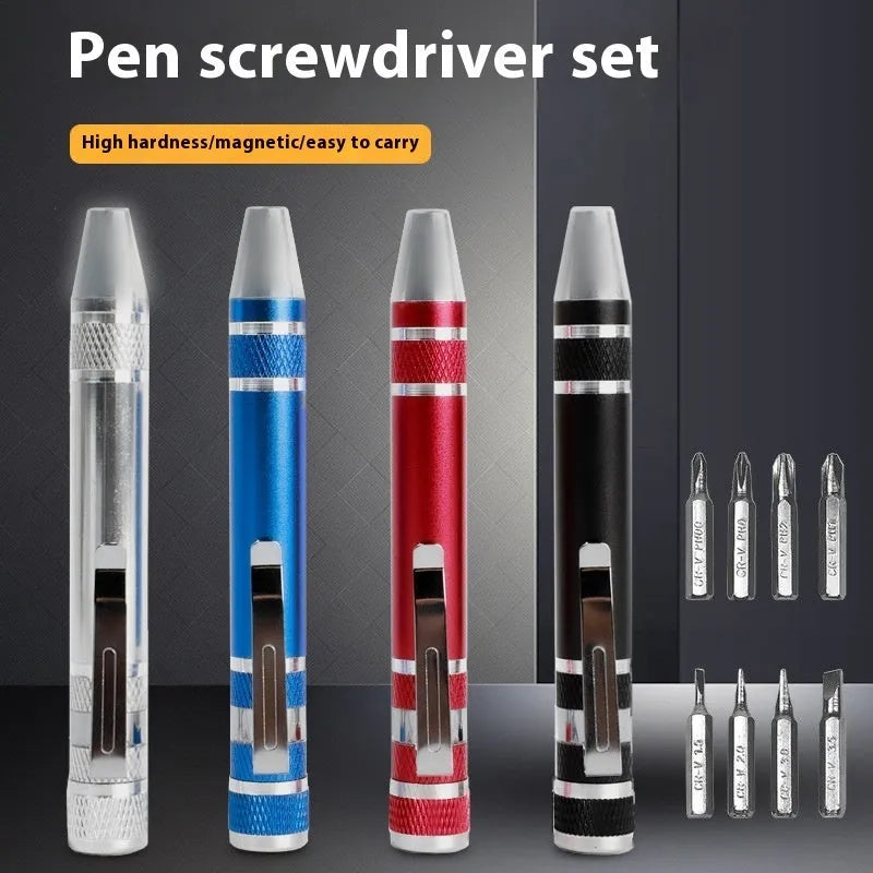 8-in-1 aluminium pen-type screwdriver set showing multiple coloured handles and bits.