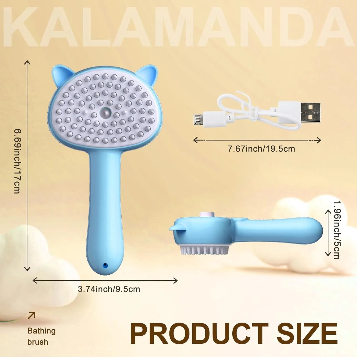 Blue cat ear-shaped steam brush for pet grooming with soft rubber bristles and release button
