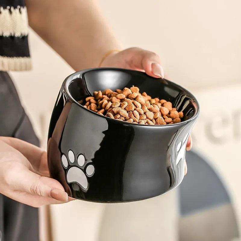Ceramic cat food bowl with high foot and cat's paw print in chosen colour.
