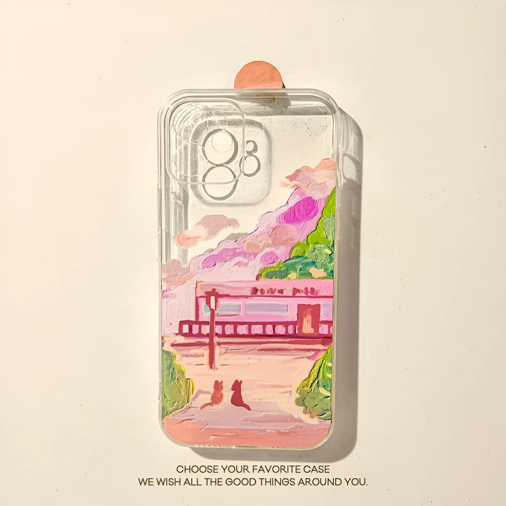 iPhone phone case with a colourful two-cats cartoon design on a white polycarbonate rear cover.