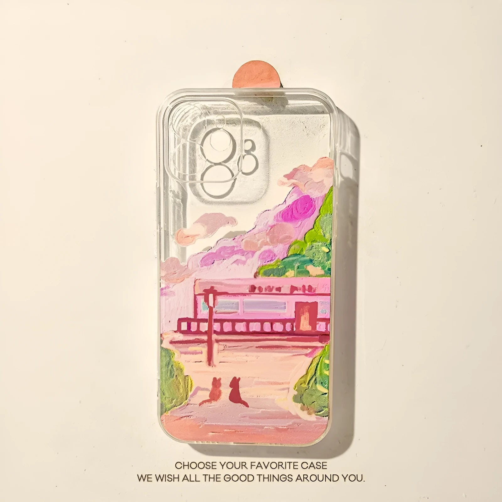 iPhone phone case with a colourful two-cats cartoon design on a white polycarbonate rear cover.