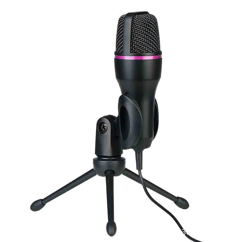 Black USB condenser microphone on tripod stand with anti-spray net for home computer writing