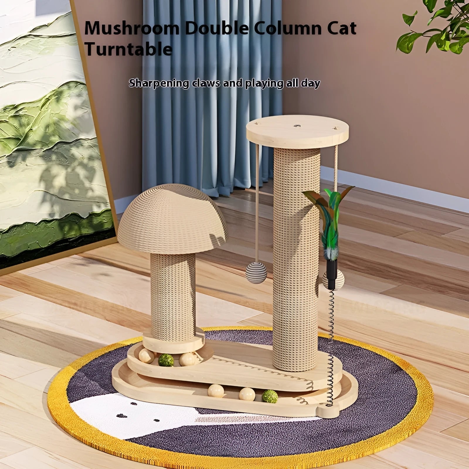 Solid wood cat scratching post with a rotating turntable, shown in a basic big flower style